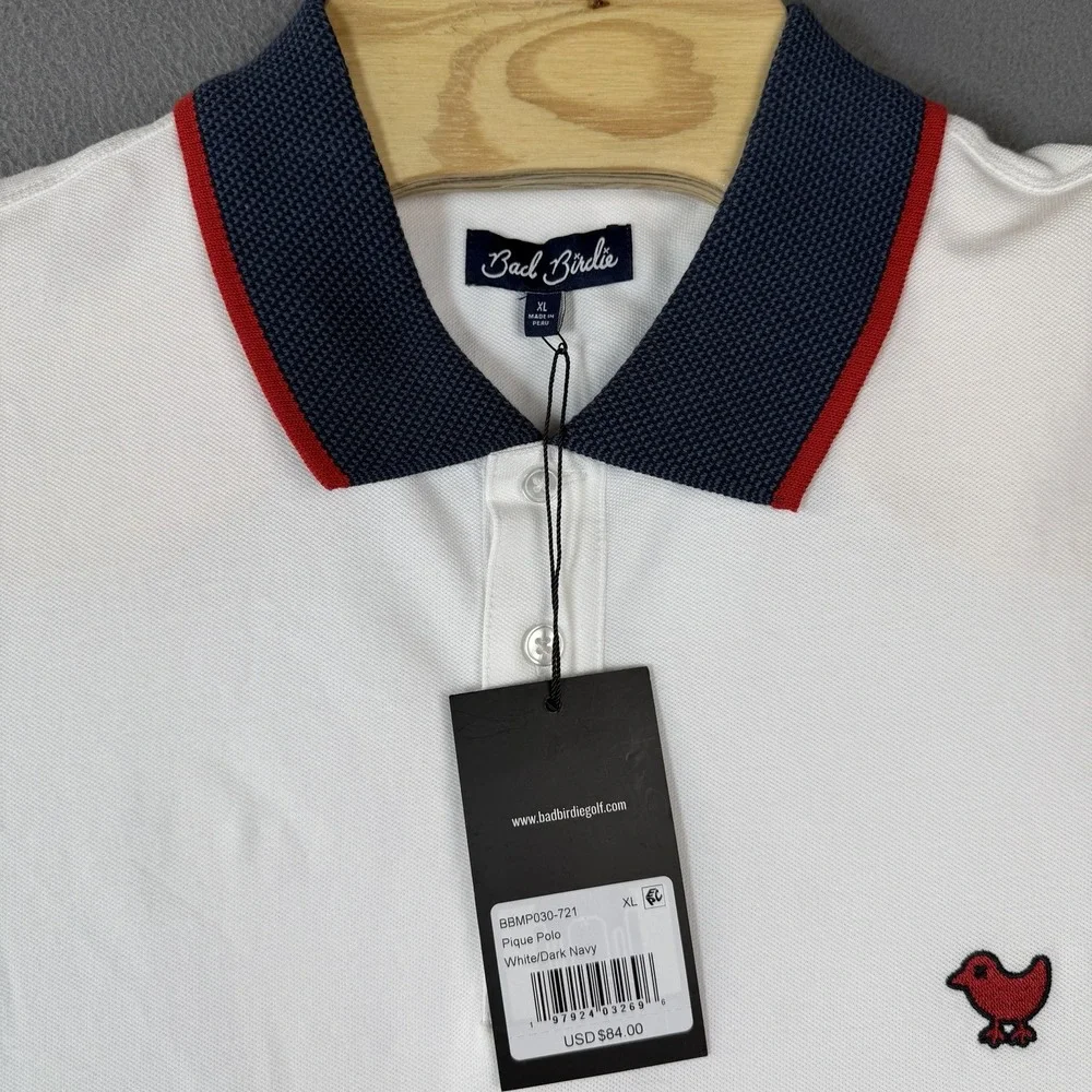 Bad Birdie Pique Golf Polo Mens XL White Dark Navy Red Shirt Short Sleeve USA - Picture 4 of 9